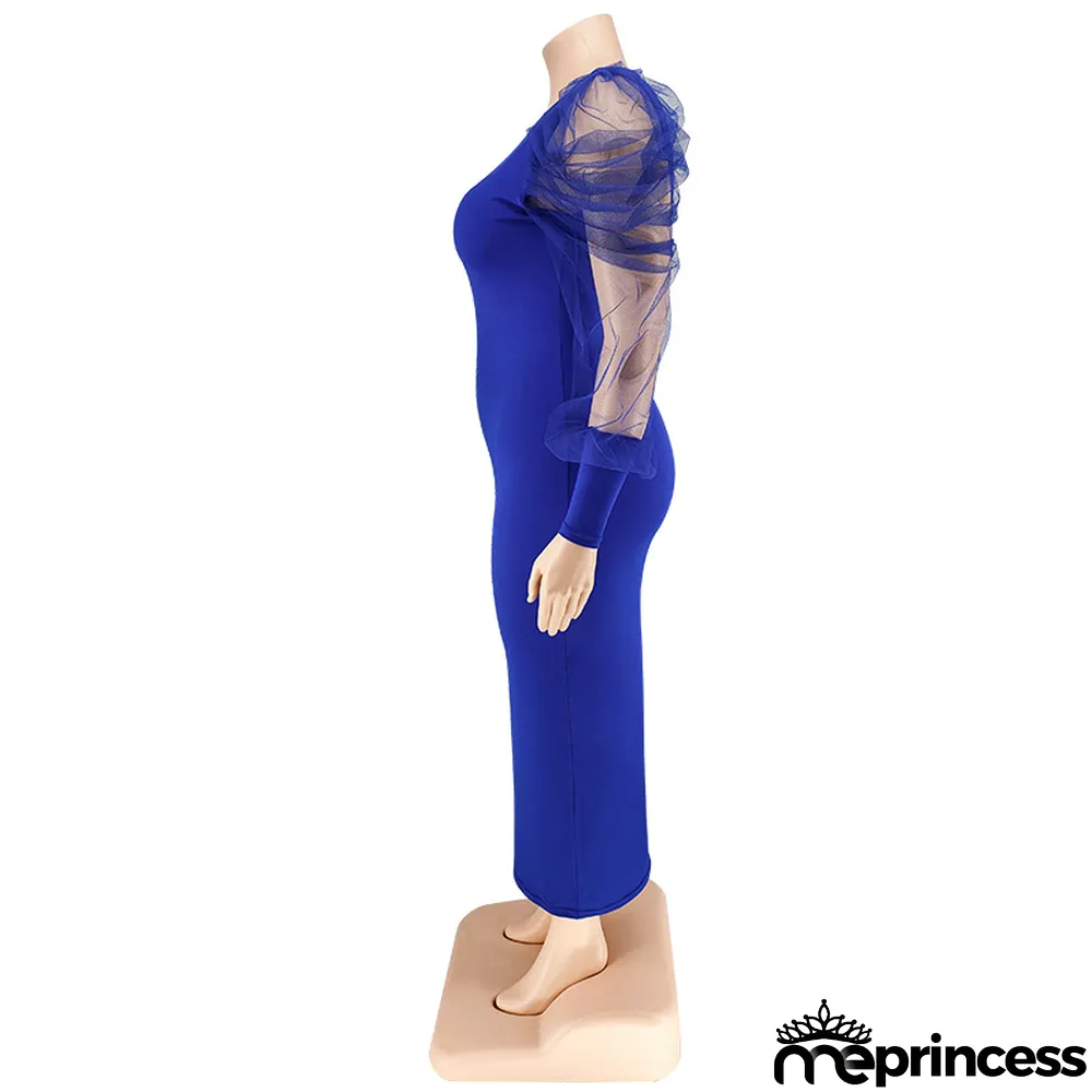 Plus Size Fall Women'S Round Neck Ruched Mesh Long Sleeve Solid Color Long Dress