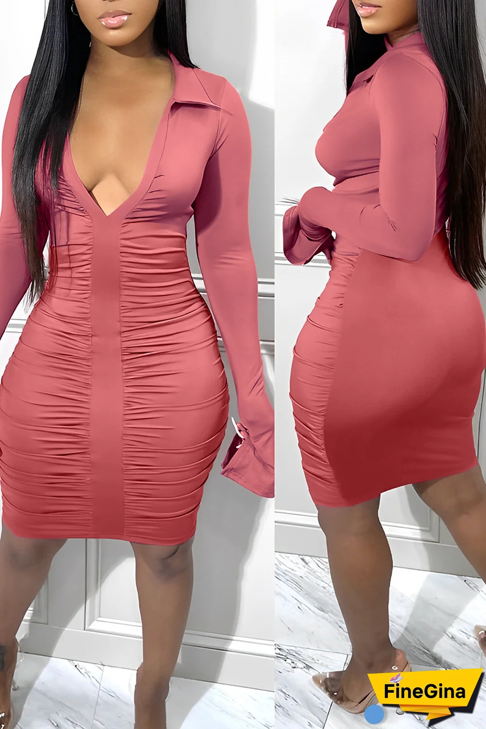 Blue Sexy Solid Fold Turndown Collar Pencil Skirt Dresses