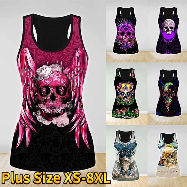 Women's Fashion Skull Printed Punk Vest Sleeveless Tank Top Slim Tight Tops Ladies T-shirt Casual Tops Plus Size XS-8XL - Chicaggo