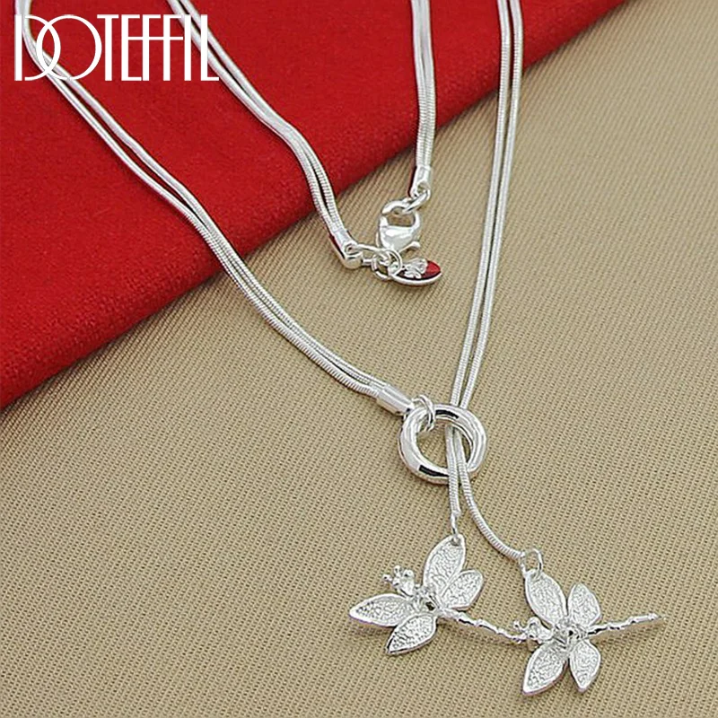 DOTEFFIL 925 Sterling Silver Two Dragonfly Pendant Necklace For Women Snake Chain Necklace Jewelry