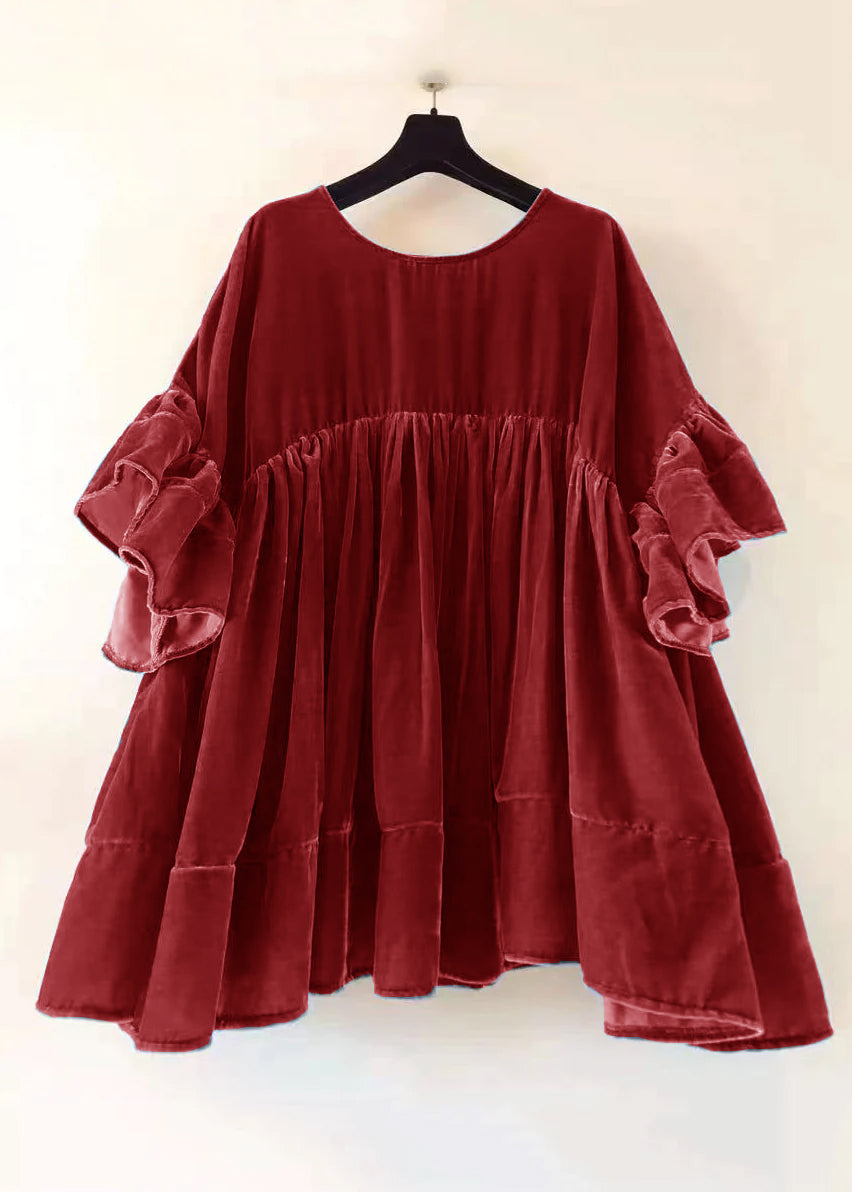 VCSHOES Plus Size Red Wrinkled Patchwork Velour Short Dress Butterfly Sleeve