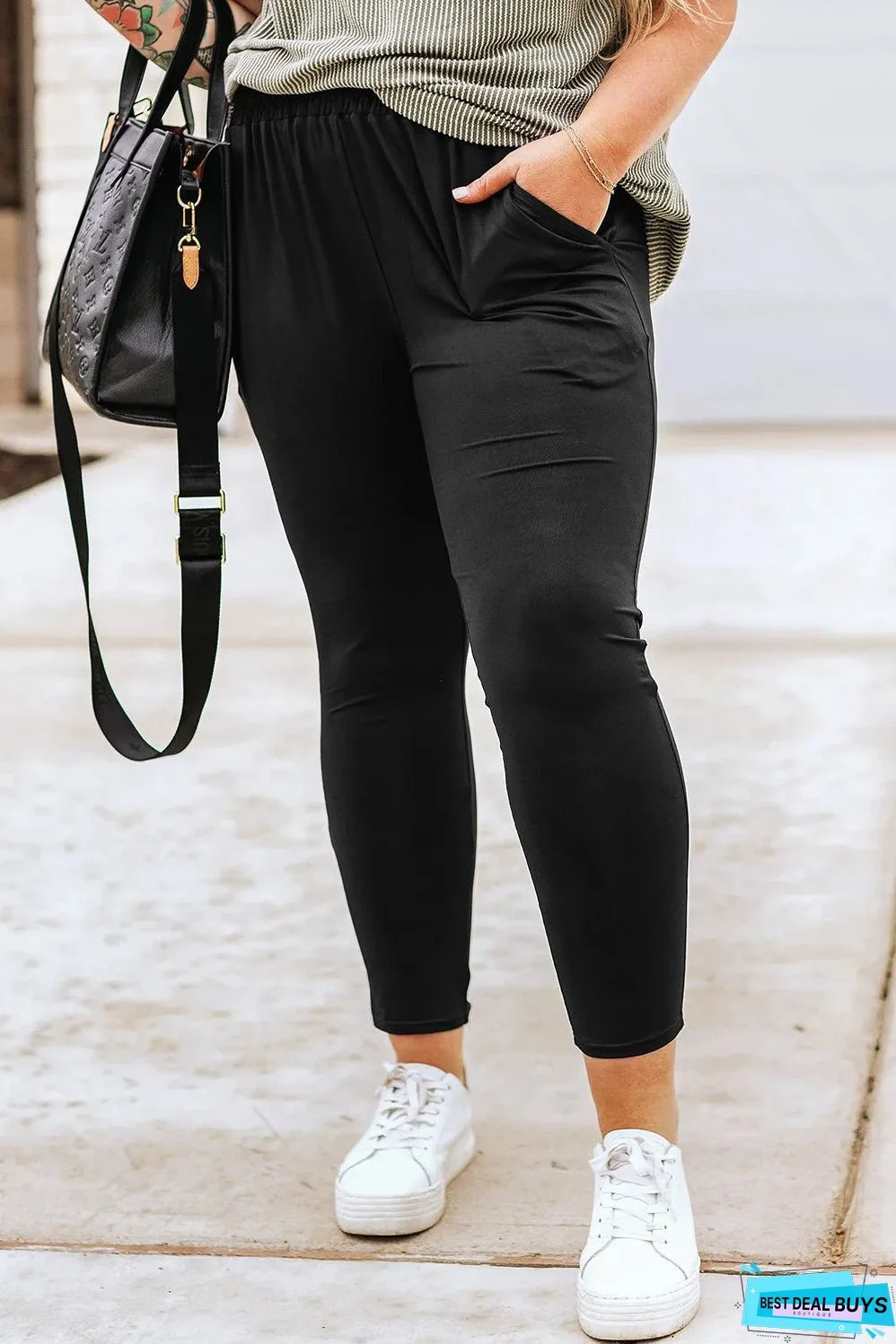 Black Plus Size Frill High Waist Pocketed Soft Pants