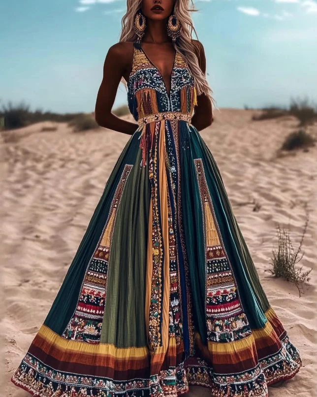 Women's Geometry Art Color Block Sleeveless Maxi Dress