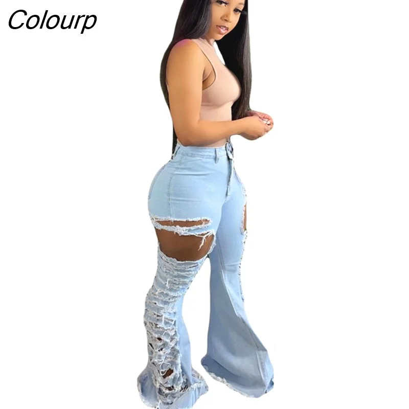 Colourp Diamonds Tassel Ripped Jeans for Women Hollow Out Trousers Sexy Blue Jeans for Women Foot Cut Pencil Pants Casual 2023