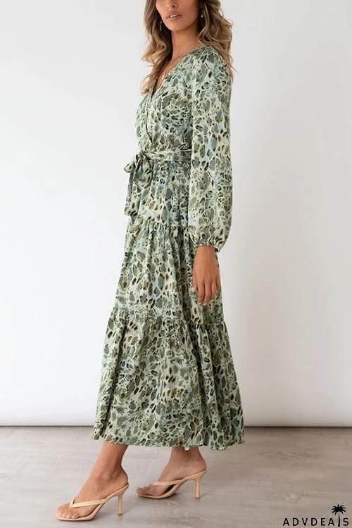 Print Belted Long Sleeve Maxi Dress