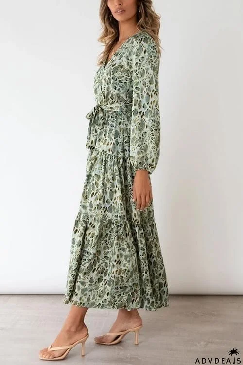 Print Belted Long Sleeve Maxi Dress