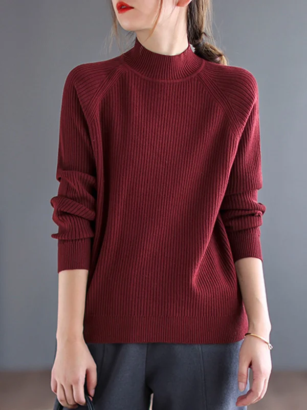 Simple Solid Color Knitting High-Neck Long Sleeves Sweater Top