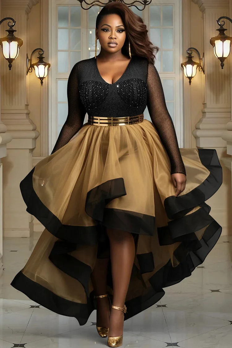 Xpluswear Design Plus Size Cocktail Party Black Gold V Neck Long Sleeve High Low Hem Tulle Midi Dresses Xpluswear