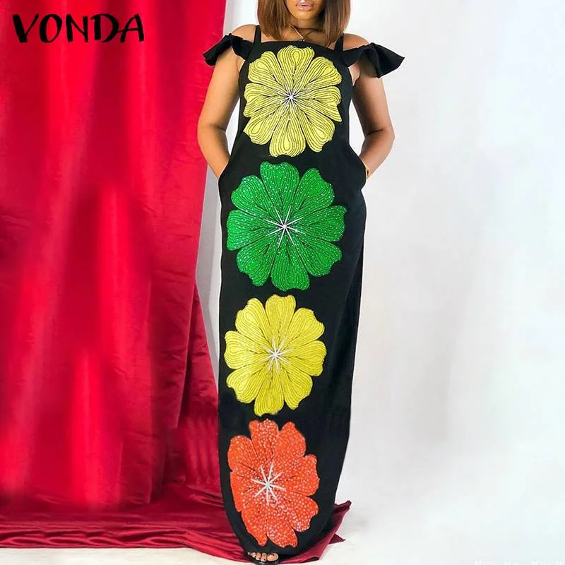 Women Sundress Vintage Floral Print Dress VONDA 2022 Summer Long Maxi Dresses Ladies Pleated Zipper Party Vestidos Longue Robe