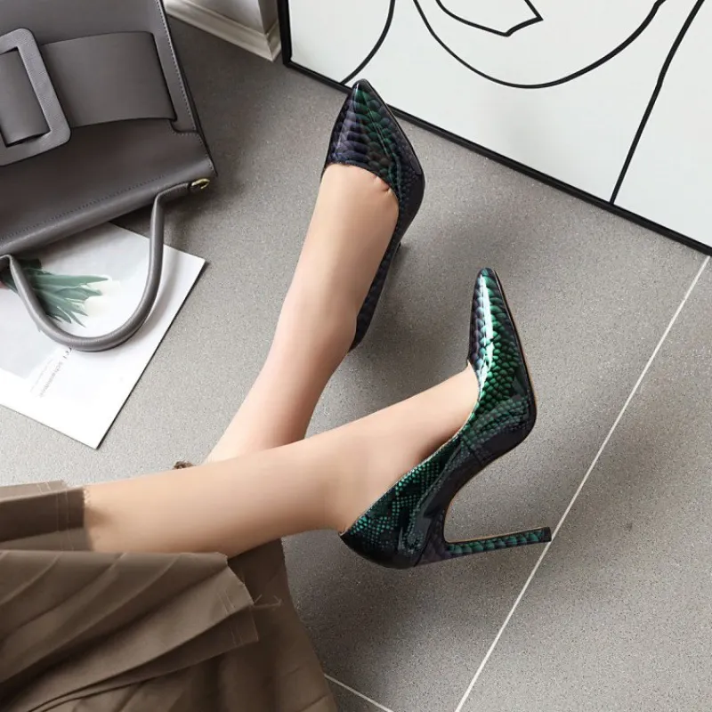 3.94"Heels Party Daily Pumps Green Snakeskin Heels-vocosishoes