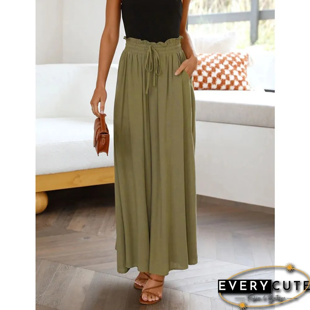 Army Green Elastic Waist High Waist Wide Leg Pants