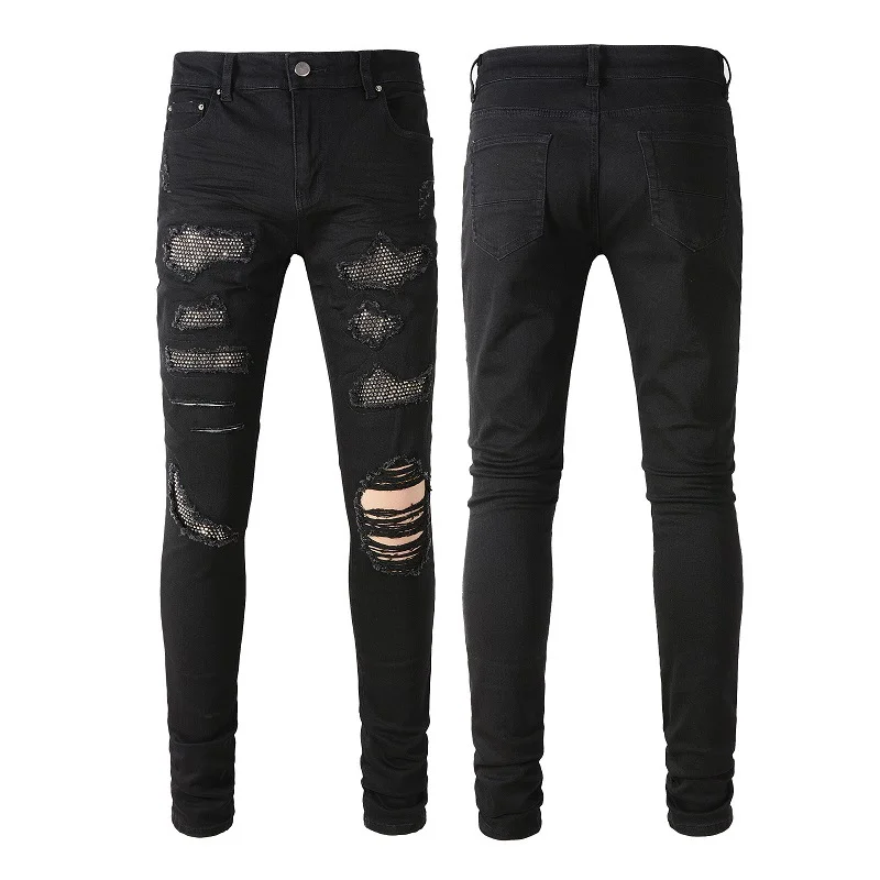 Men's Black Ripped Biker Jeans Gangster Style Patchwork Ripped Rapper Jeans