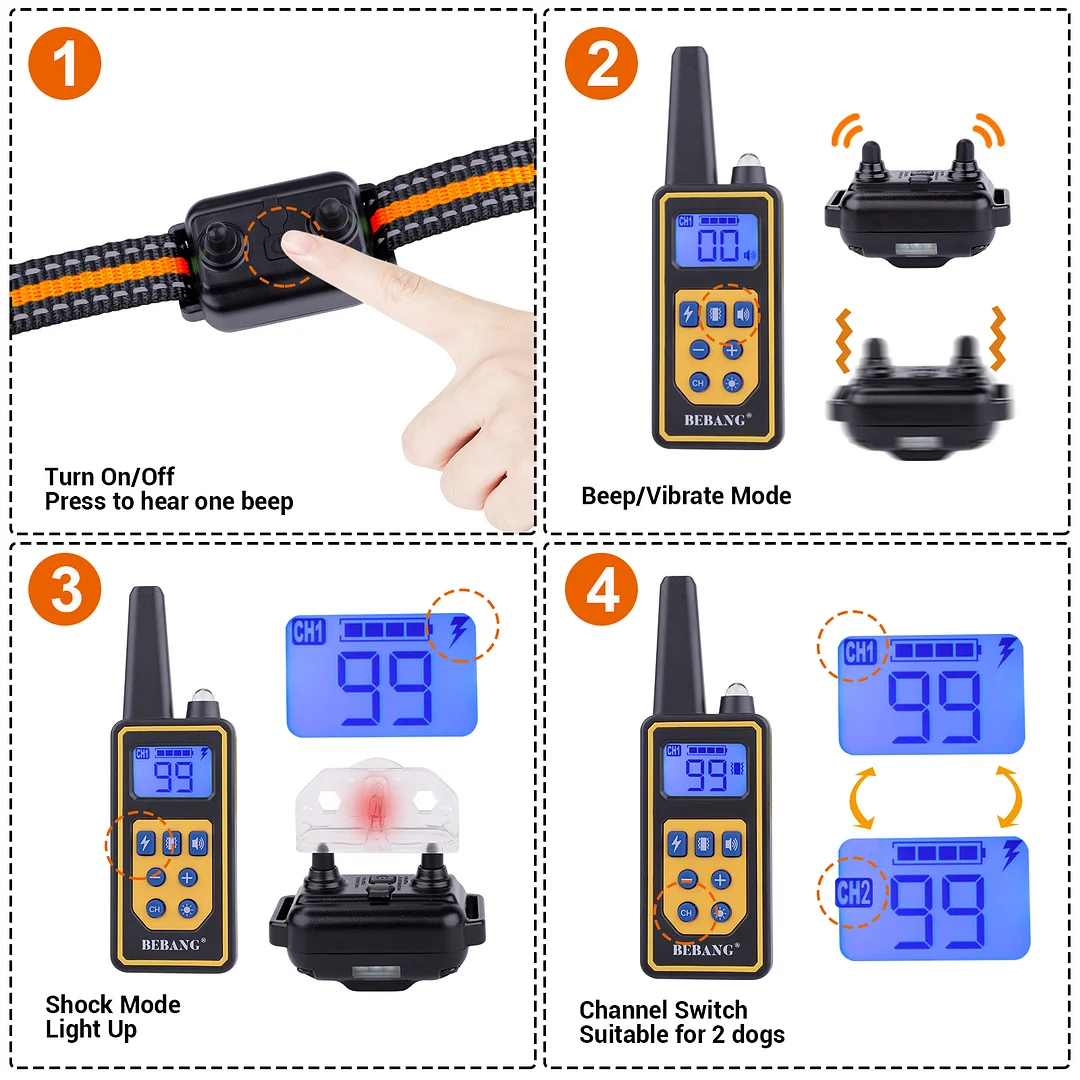 BEBANG Dog Training Collars for 2 Dogs, with Remote 880yards, 3 Modes Beep Vibration Shock, IPX7 Waterproof, LED Light, USB Charging,for Training Small Medium Large Dogs