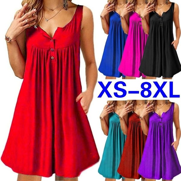 Plus Size Fashion Solid Color Tunics for Womens Summer Casual Beach Wear Sleeveless Dresses with Pockets Ladies Off Shoulder Loose V Neck Tank Tops Cotton Pleated Party Dress XS-8XL - Shop Trendy Women's Clothing | LoverChic