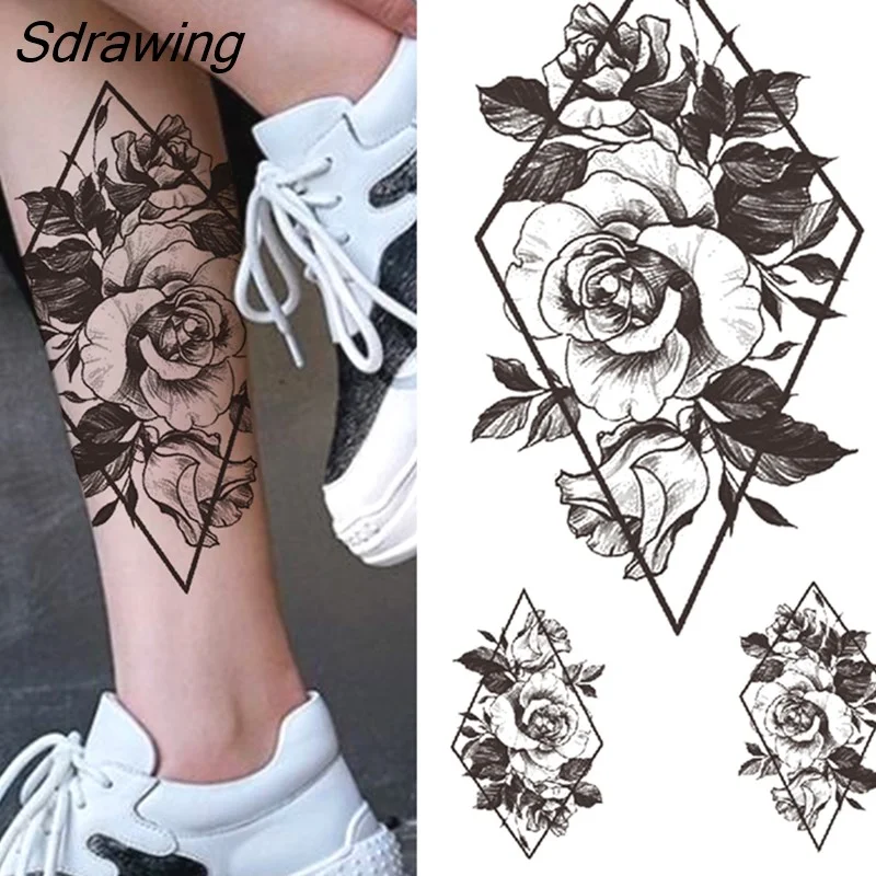 Sdrawing Rose Flower Temporary Tattoos For Women Girls Black Butterfly Bird Tattoo Sticker Fake Peony Geometric Body Art Tattos