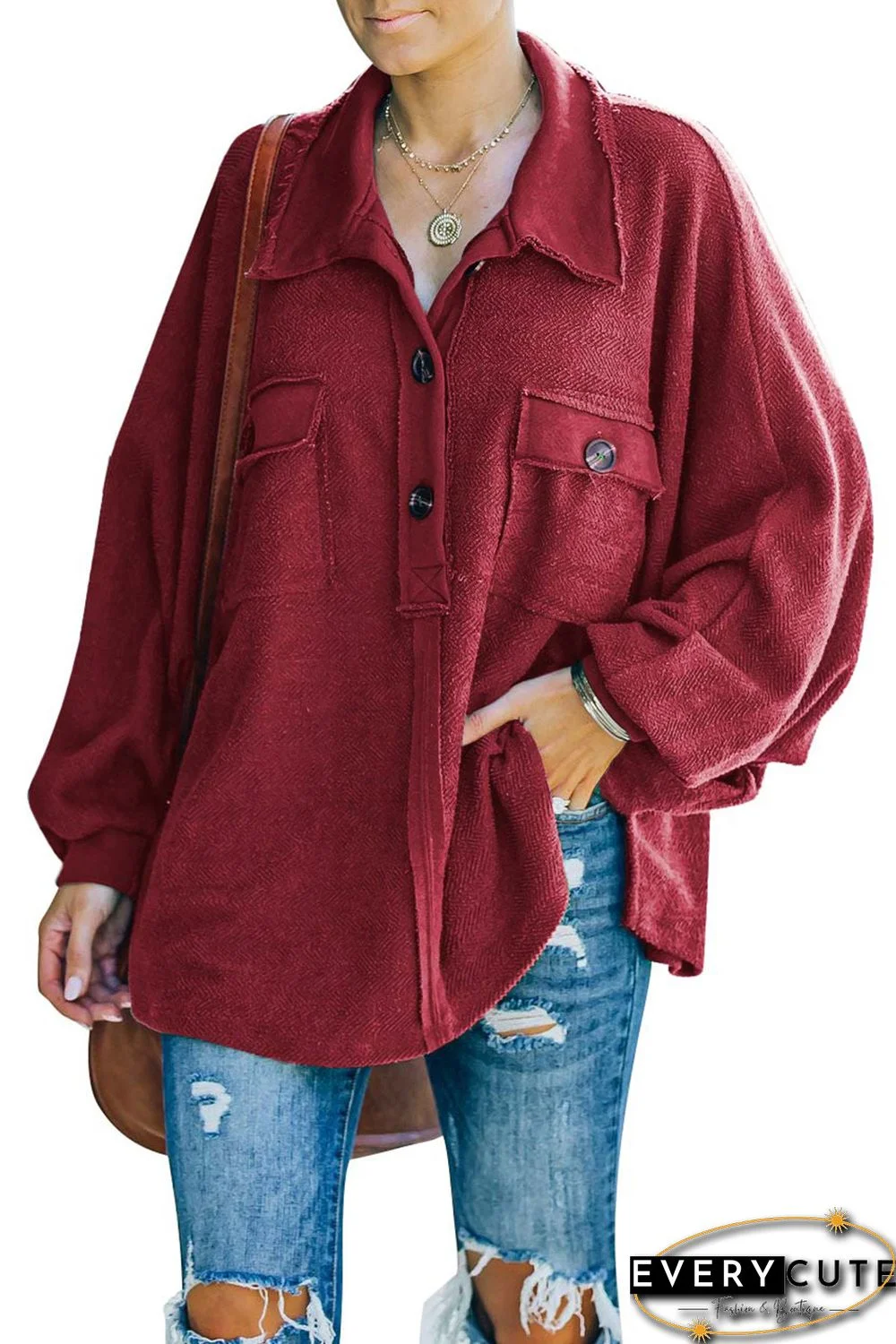 Red Polo Collar Buttoned Patchy Top with Pockets