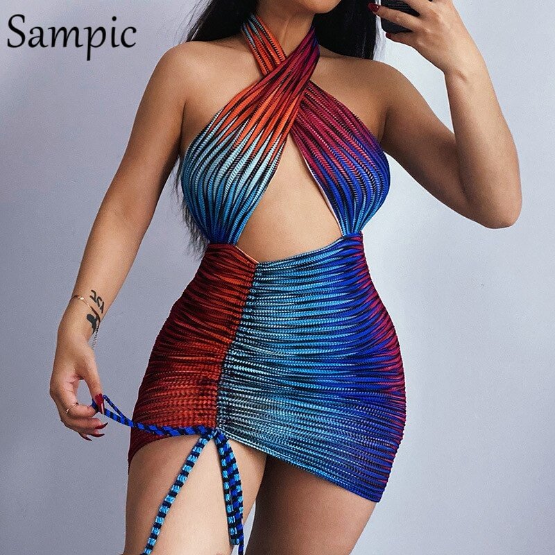 Sampic Fashion Halter Lace Up Ruched Sexy Club Wrap Tie Dye Backless Party Dress Women Summer 2021 Bodycon Hollow Out Dresses