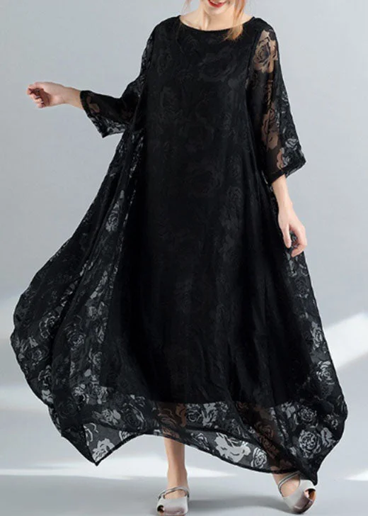 Bohemian Black O-Neck Embroideried Lace Long Dress Bracelet Sleeve