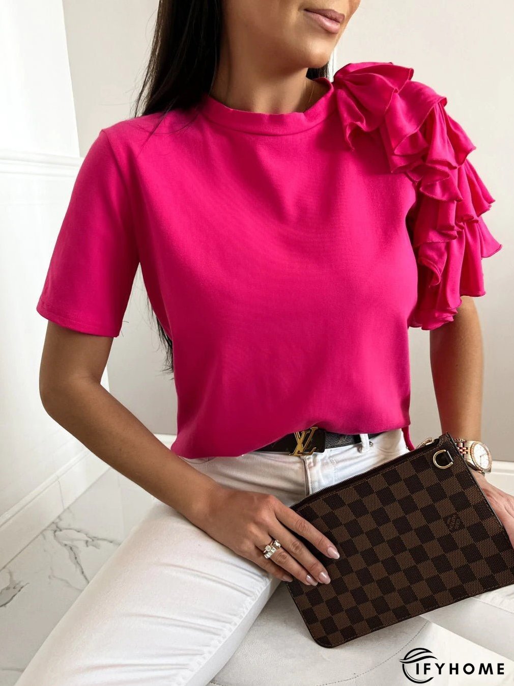 Women's T-Shirts Solid Simple Ruffle Short Sleeve T-Shirt | IFYHOME