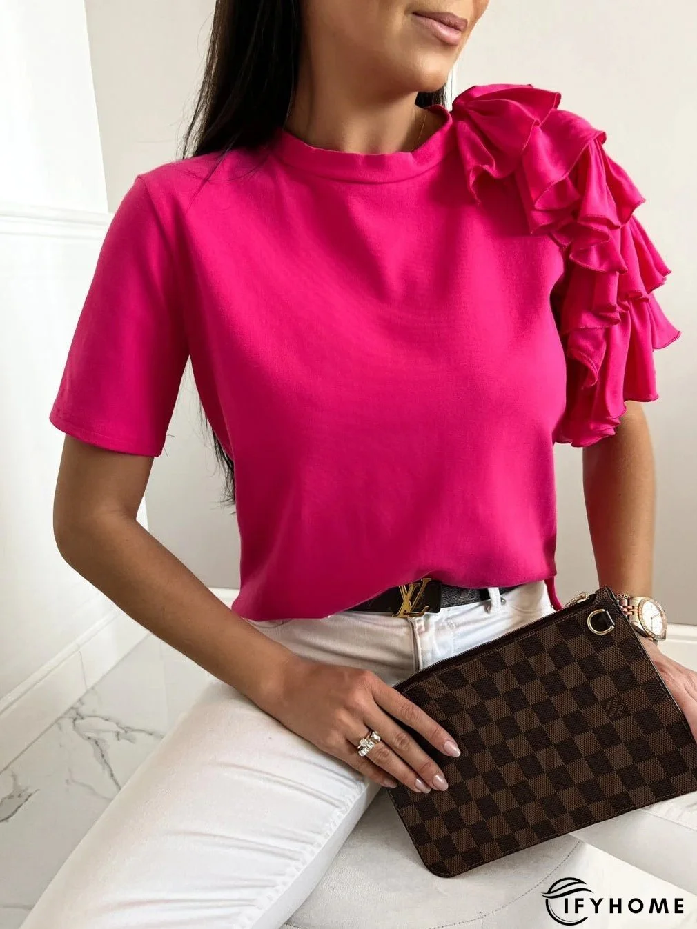 Women's T-Shirts Solid Simple Ruffle Short Sleeve T-Shirt | IFYHOME
