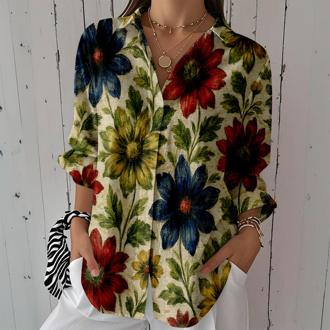 Women Long Sleeve V-neck Graphic Floral Printed Top
