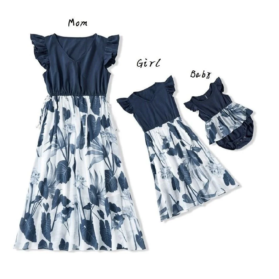 Irregular Mother Daughter Macthing Dresses Family Set Flower Mom Mum Baby Mommy and Me Clothes Fashion Women Girls Cotton Dress