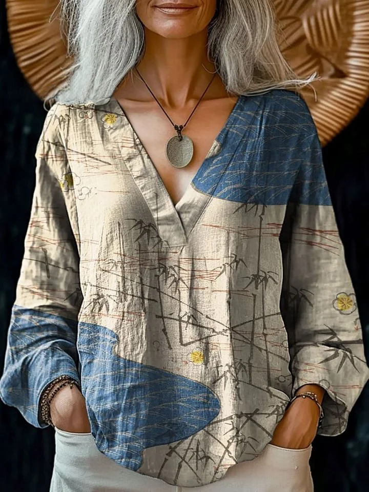 Women's Vintage Floral Bamboo Leaf Art Print Casual Cotton And Linen V-neck Shirt