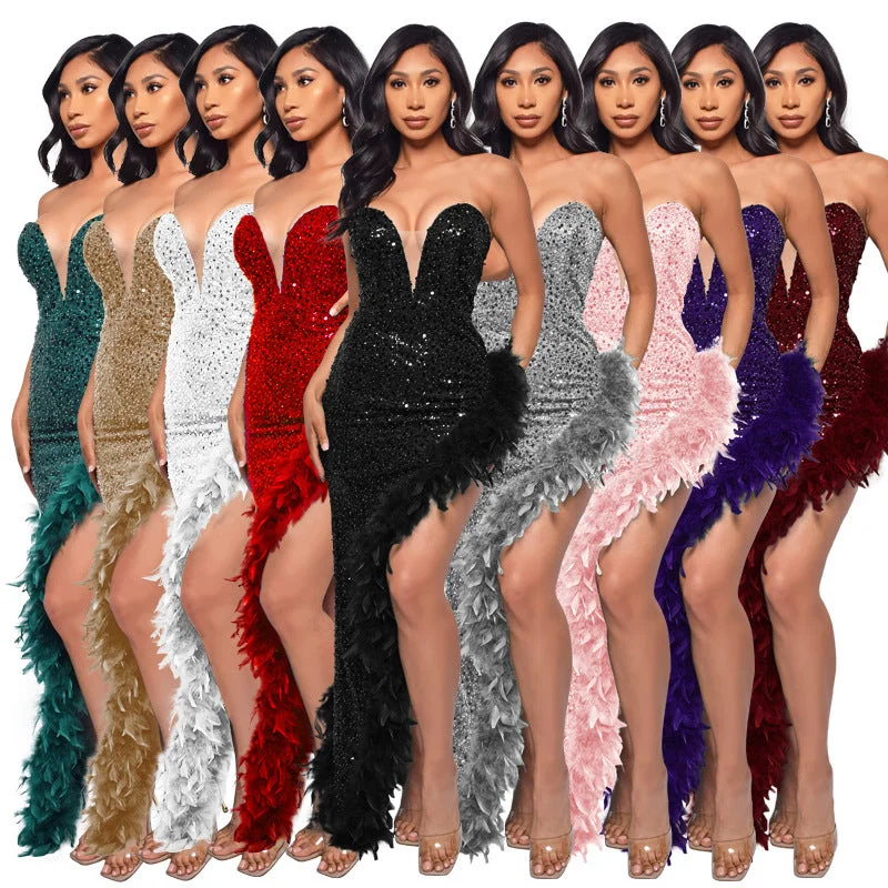 Uveng Tube Backless Sequined Feather Dress Dresses