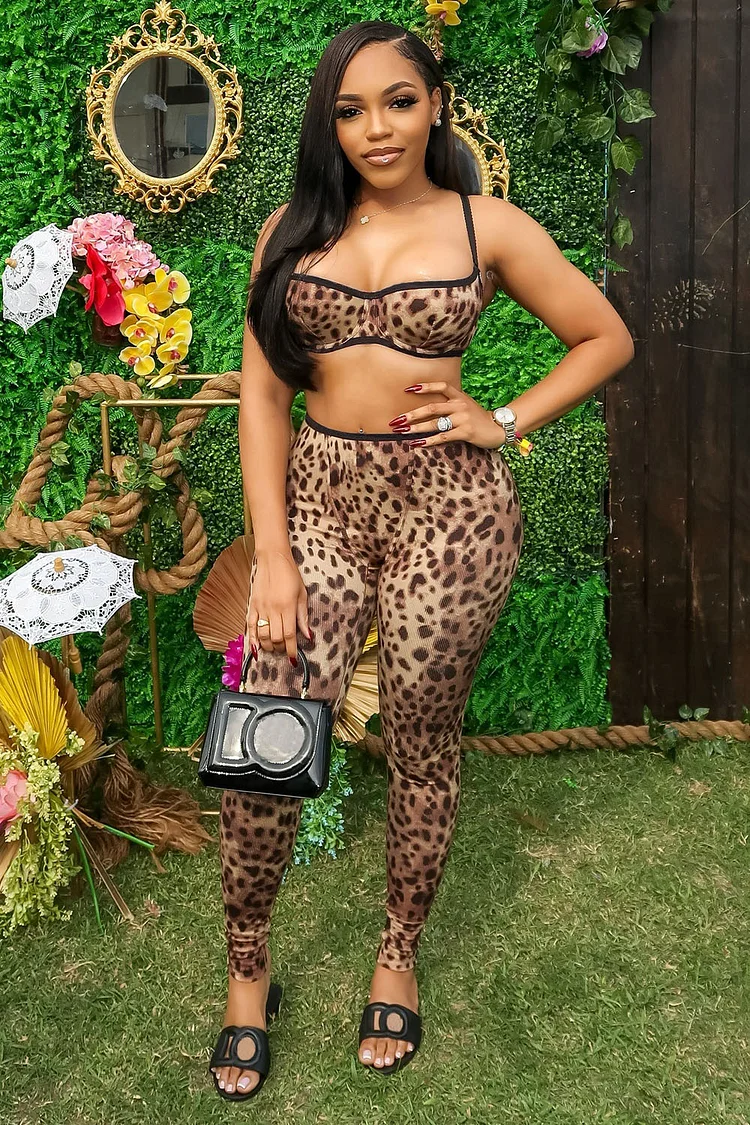 Leopard Print Cami Crop Top Leggings Party Daily 2pcs Set-Brown