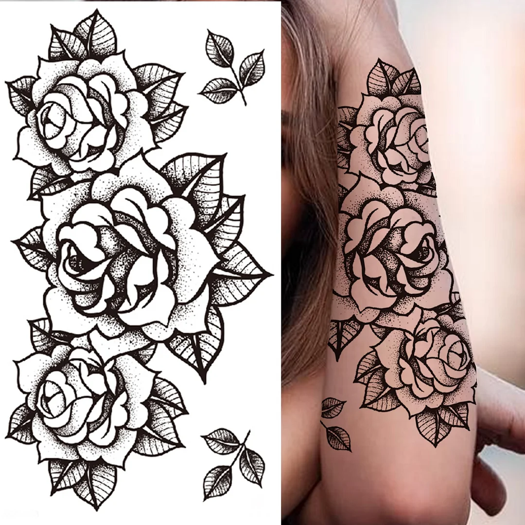 Sdrawing Compass Lion Rose Temporary Tattoo For Men Adults Realistic Fake Tiger Crown Cross Tattoo Sticker Thigh Half Sleeve Tatoo