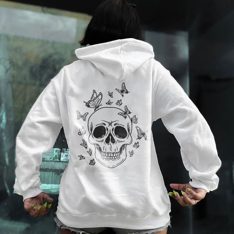 Skull and Butterflies Graphic Causal  White Print Hoodie