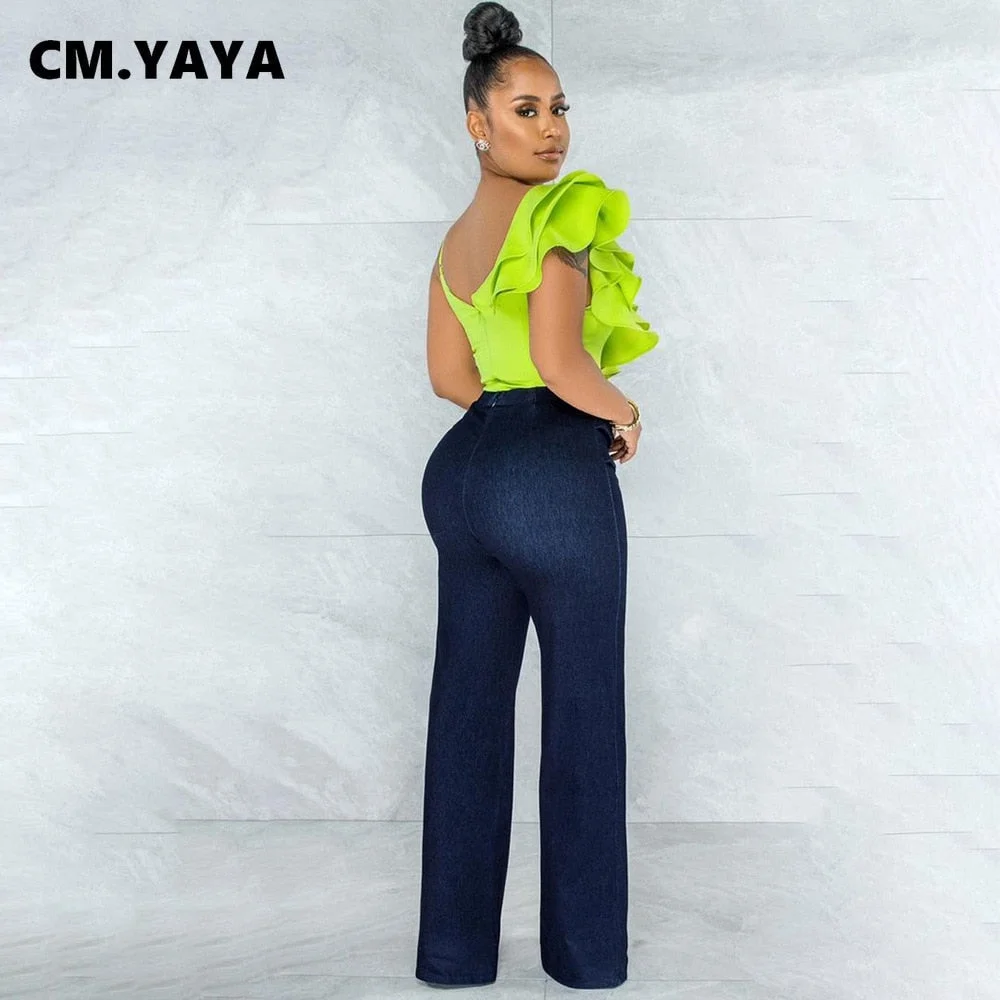 CM.YAYA Women Camis Solid Ruffles Spaghetti Strap V-neck Tops Sexy Night Club Clothing Summer Fashion Top Tees Female 2021