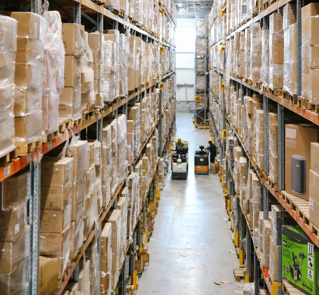 Packed cartons and boxed products on warehouse shelves with forklifts in the aisle