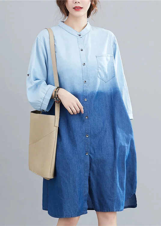 French Light Blue Stand Collar Gradient Color Denim Dress Fall