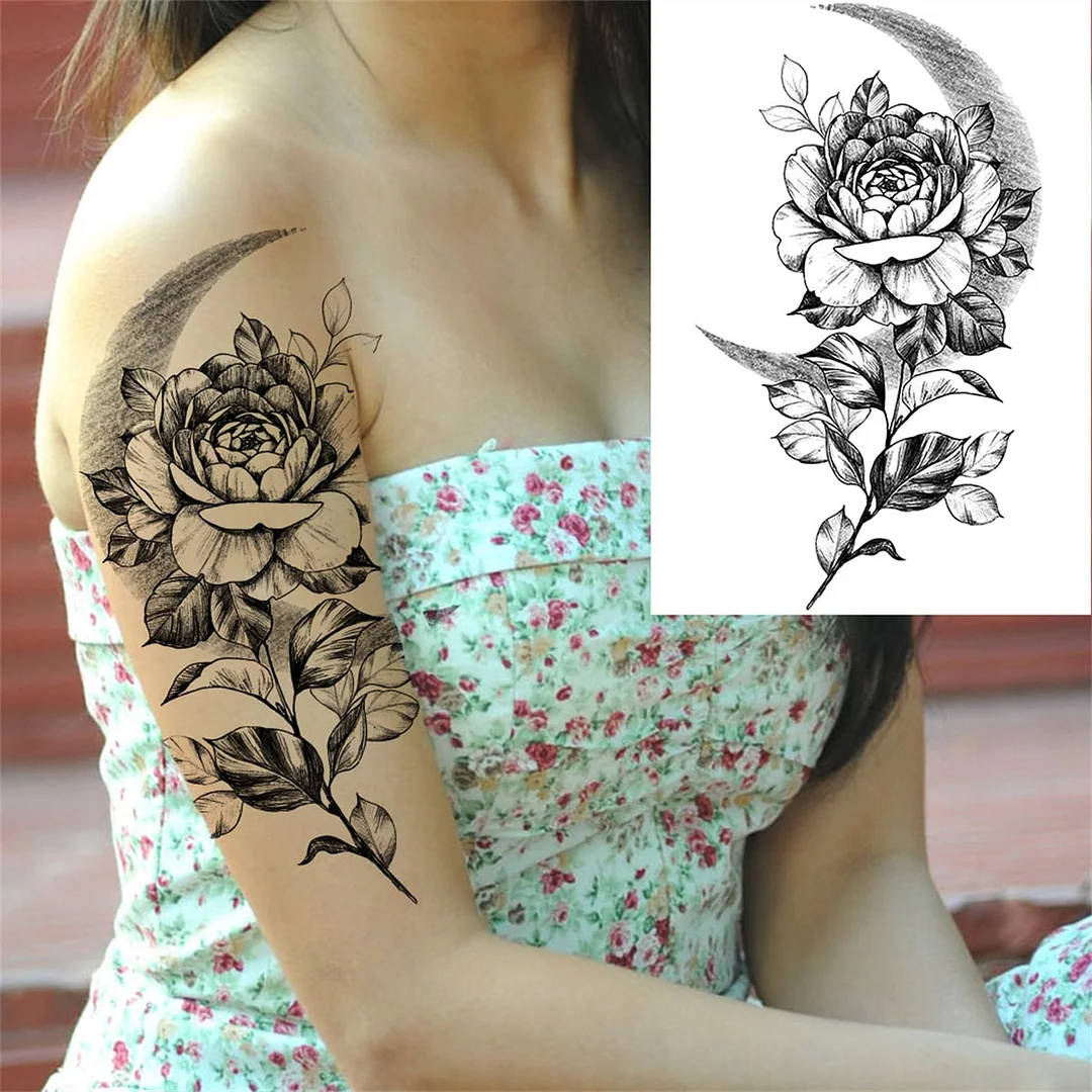 Large 3D Rose Flower Temporary Tattoos For Women Men Adults Death Skull Tattoo Sticker Peony Dahlia Black Fake Tatoos Forearm