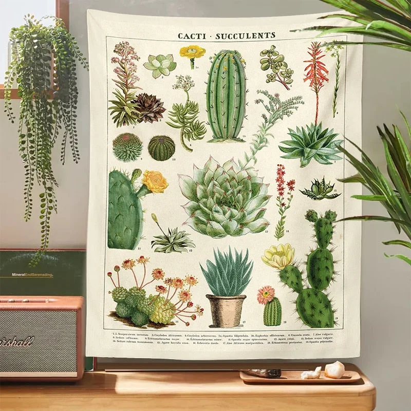 Botanical Cactus Tapestry Wall Hanging Retro cacti succulents Mushroom Chart Hippie Bohemian Psychedelic Witchcraft Home Decor