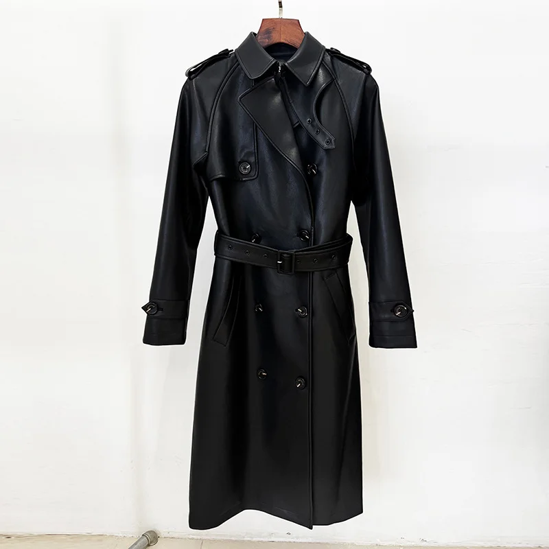 Nigikala Nigikala Autumn And Winter New Star Fashion Double Buckle Belt Repair Long Leather Wind Coat