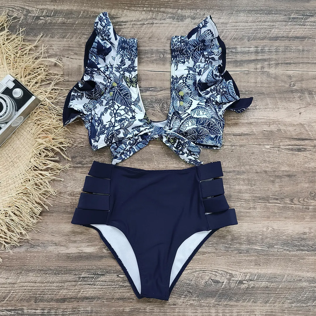 Brownm Bikini2025 New Lotus Edge Bikini Split Swimsuit Sexy High Waist