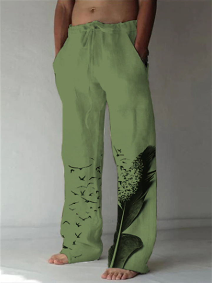 Men's Linen Pants Trousers Summer Pants Beach Pants Drawstring Side Pockets  Elastic Waist Graphic Prints Feather