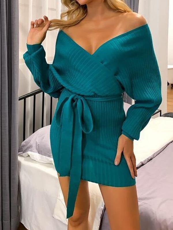 Batwing Sleeve Belted Sweater Dress