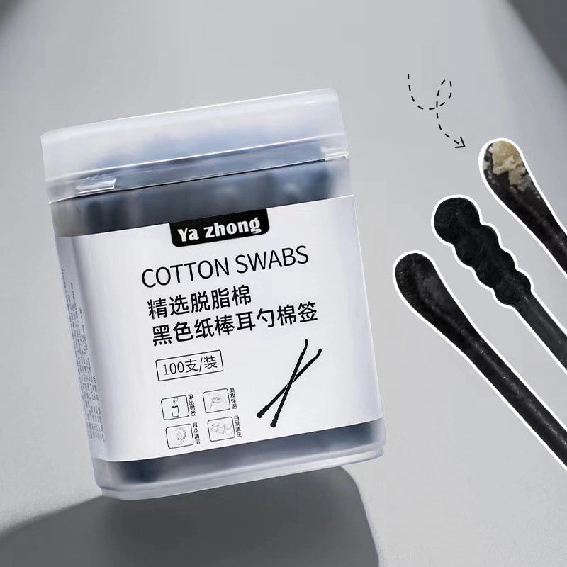Double-headed Dual-use 2-in-1 Black Absorbent Cotton Swab Ear Spoon Makeup Household Disposable Cotton Swab Cleaning Ear Cleaning 100 Pieces