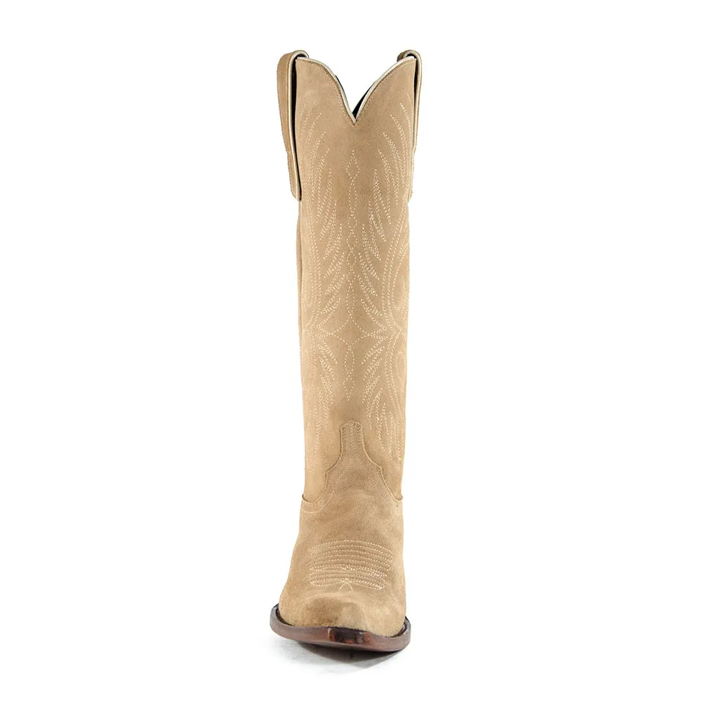 Khaki Snip Toe Embroidered Chunky Heel Western Boots for Women