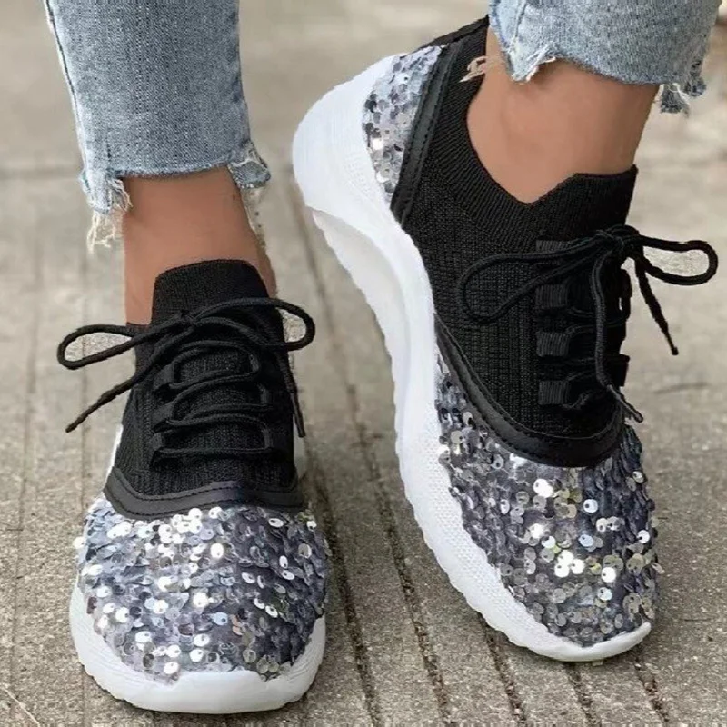 Yyvonne Sequins Platform Sneakers for Women 2023 Autumn Non Slip Knitting Flats Woman Breathable Mesh Walking Shoes Plus Size 43