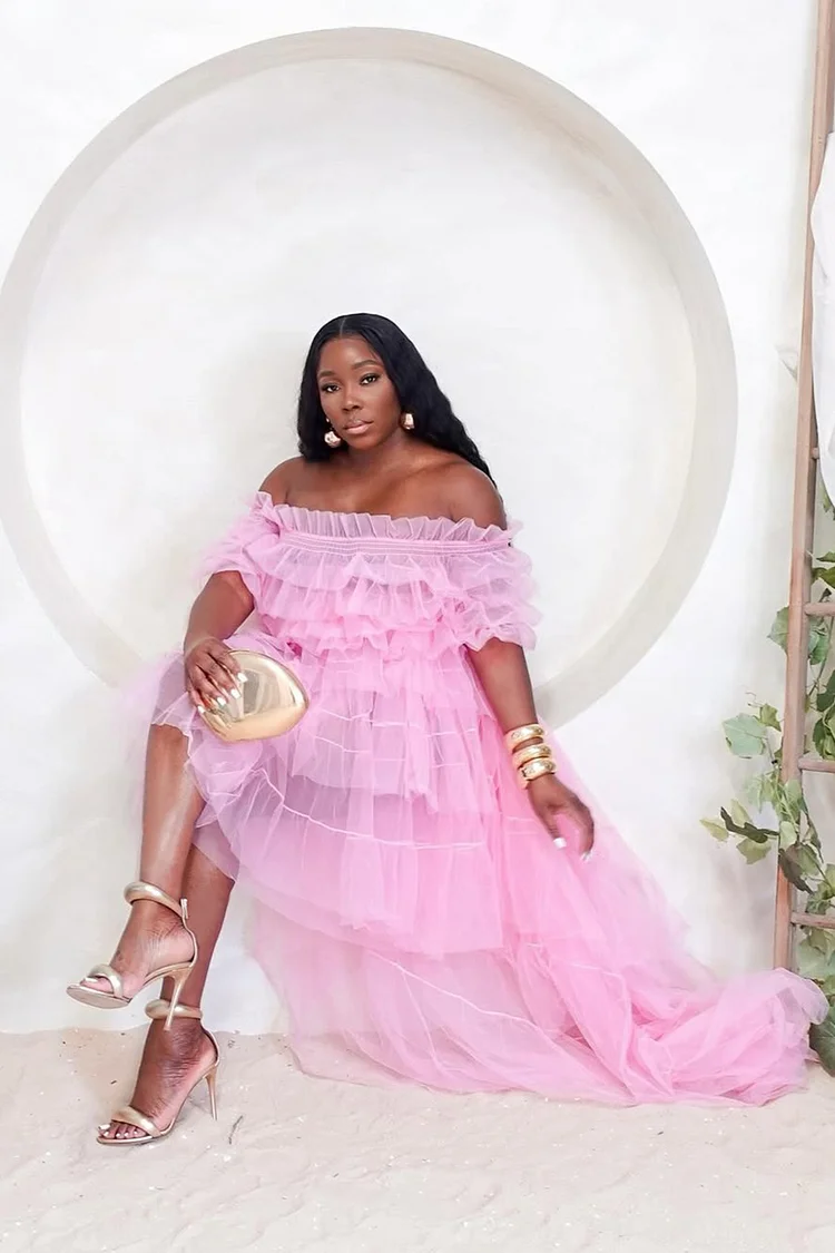 Ruffle Off Shoulder Tulle Hem Party Maxi Mullet Dresses-Pink [Pre Order]
