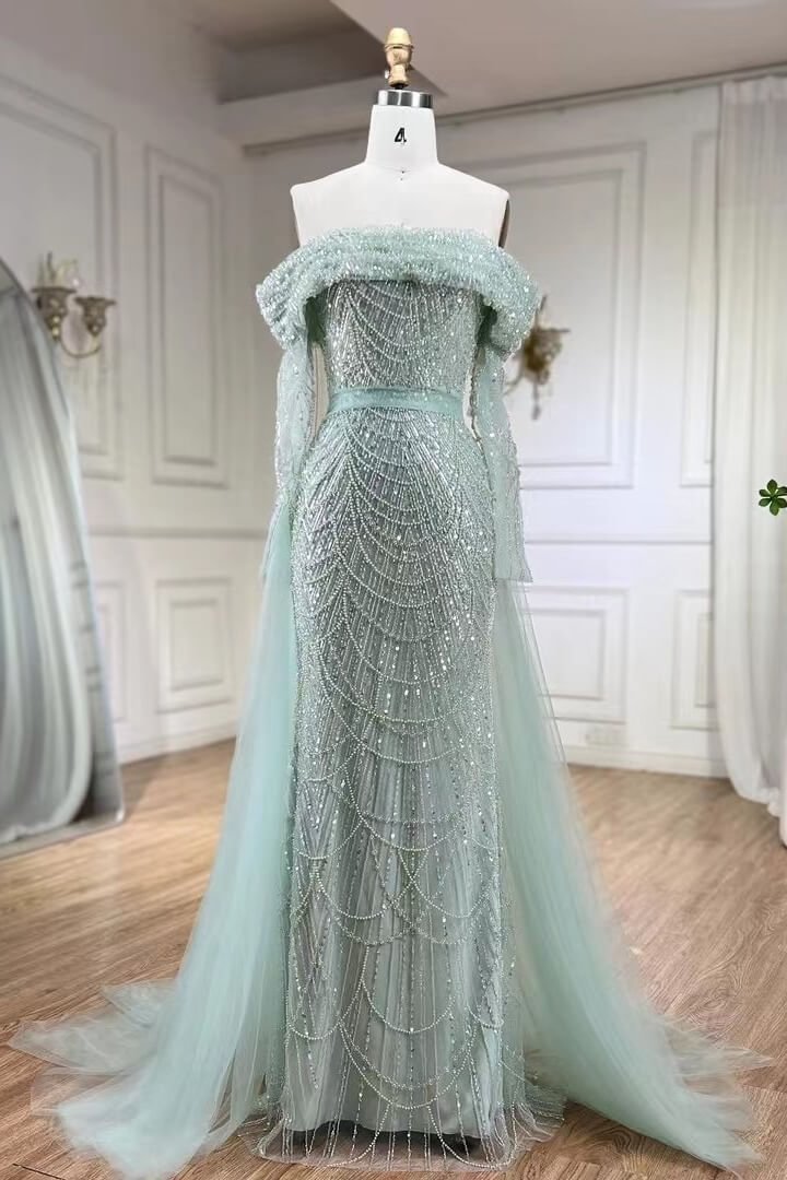 Plus Size Prom Dresses Long Sleeve Beaded Pearls Mermaid Evening Gowns With  Overskirt