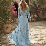Vintage Boho Roses Embroidered Flowy Linen Maxi Dress - Image 7