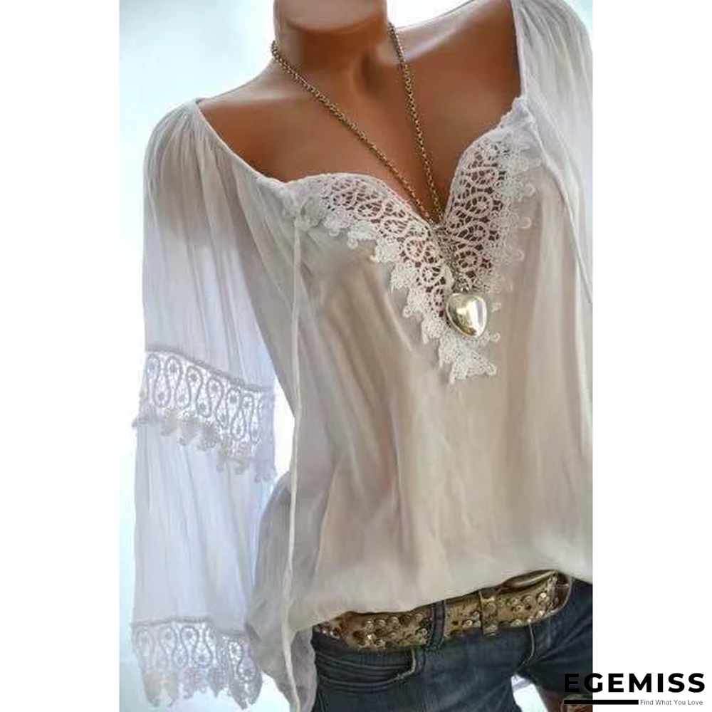 Large size Women Openwork Lace Long-sleeved Blouse Solid Color Large V-neck Casual Tops | EGEMISS