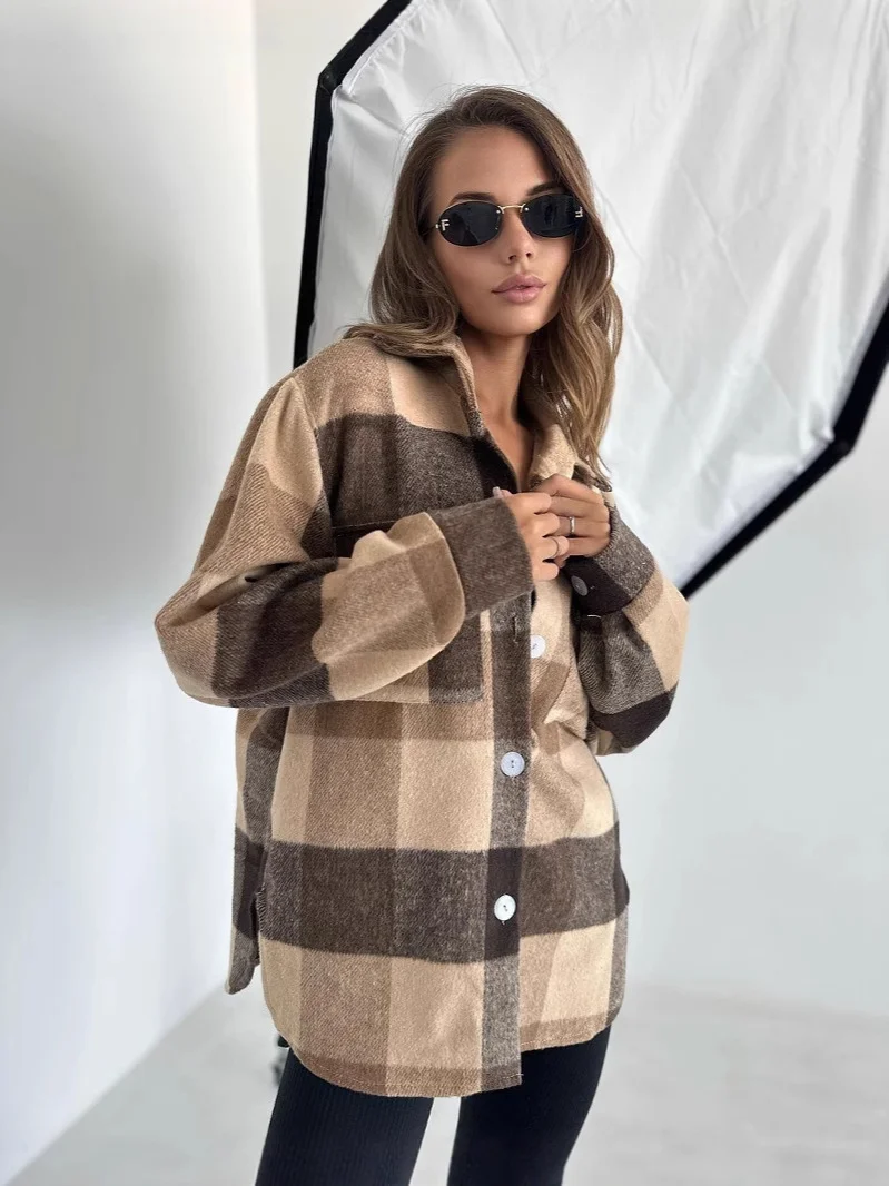 Nigikala Nigikala New Casual Long-Sleeved Open Shirt Plaid Shirt For Women