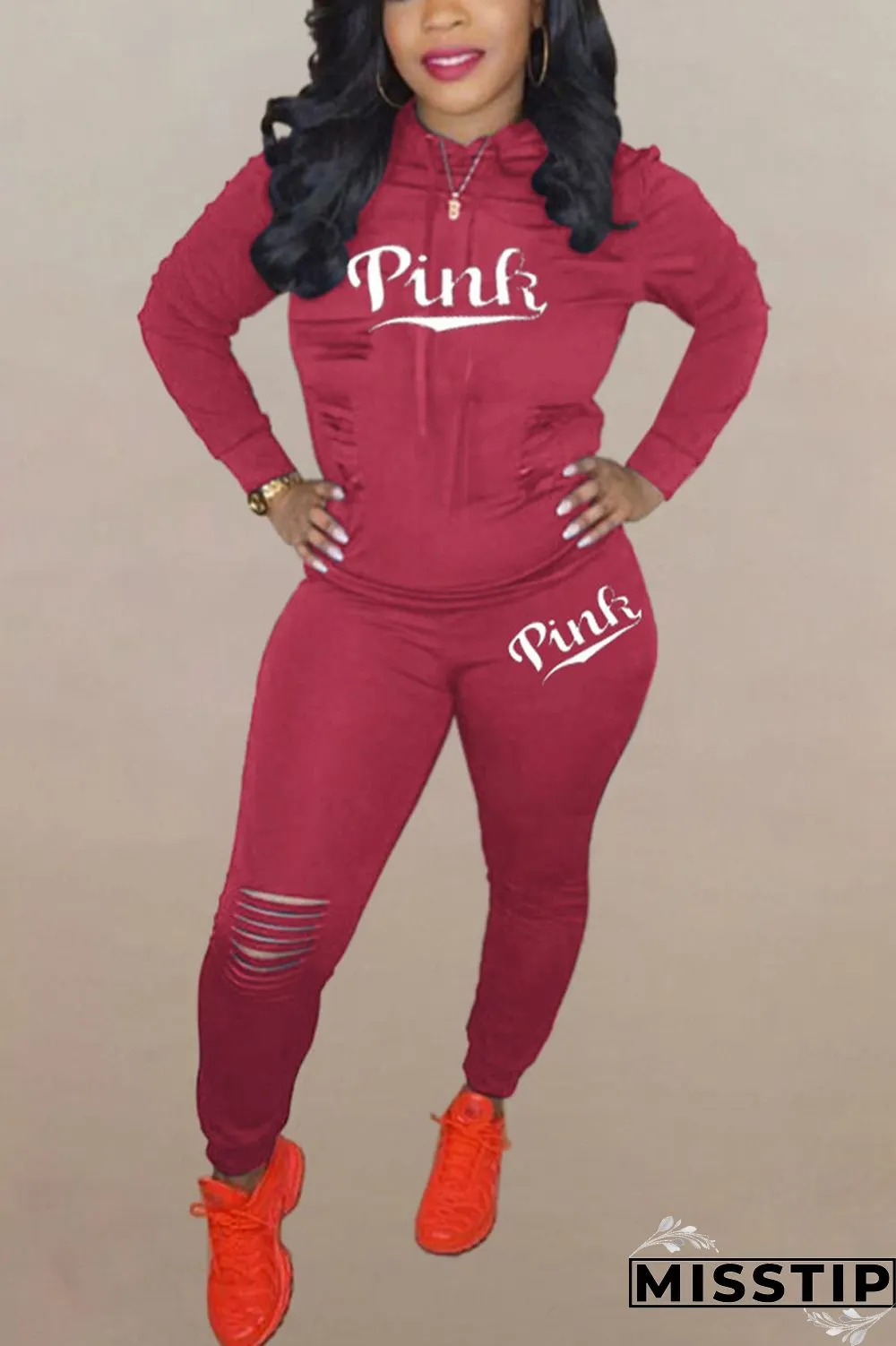 Dark Blue Sportswear Letter Hollowed Out Hooded Collar Long Sleeve Two Pieces