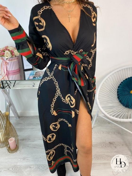 Deep V Slit Maxi Dress With Printed Belt for Women